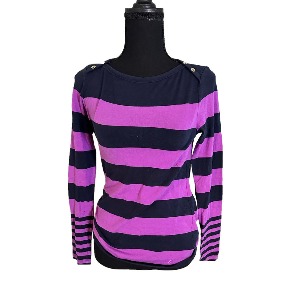 NAUTICA LONG SLEEVE PURPLE AND BLUE STRIPED TOP WITH BUTTON DETAIL